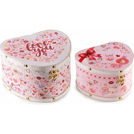 Boîtes cœur en bois gainé inscription Love You avec crochet de fermeture, Saint-Valentin, lot de 2, grand : 20 x 18 x H. 12 cm