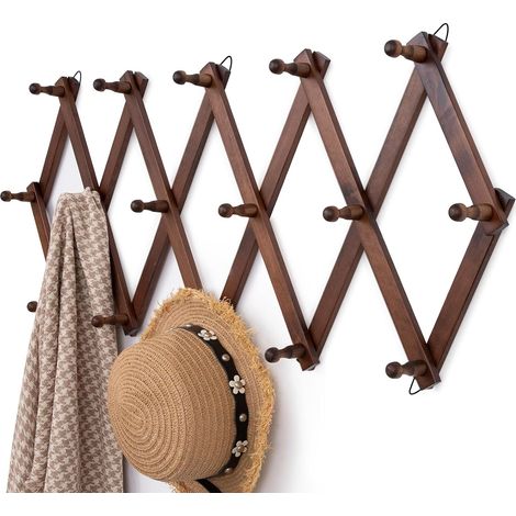 Porte Manteau Mural Bois Patere Murale Extensible avec 16 Crochets Manteaux Mural Porte Chapeaux Mural Pour Entrée Salon Chambre à Coucher, Portemanteau Bois Massif Marron Vintage 80cm 100cm (1/5)