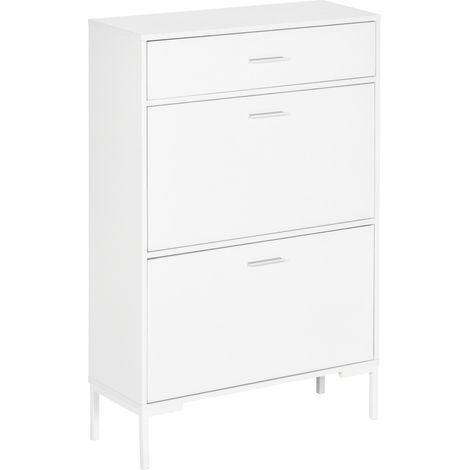 Schuhschrank für 12 Paar Schuhe, schmaler Schuhschrank mit 2 Klappschubladen und 1 Schublade, 75 x 26 x 110 cm, weiß