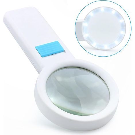 Loupe de Lecture 70 mm, 5 x Loupe Grossissante avec 10 lumières LED, Loupe Enfant et Âgées pour Lecture, insectes, Malvoyant, Observation et Travaux Manuels (Blanc) (1/4)