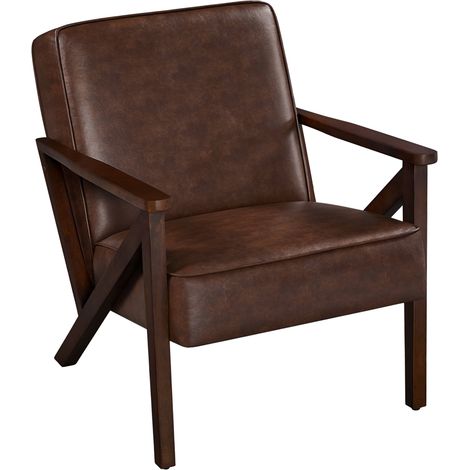 Homevive Sillón de Piel Sintética para Salón Sillón Relax con Resplado Pata Madera Sillón para Sala de Estar Oficina Recepción Marrón Oscuro (1/5)