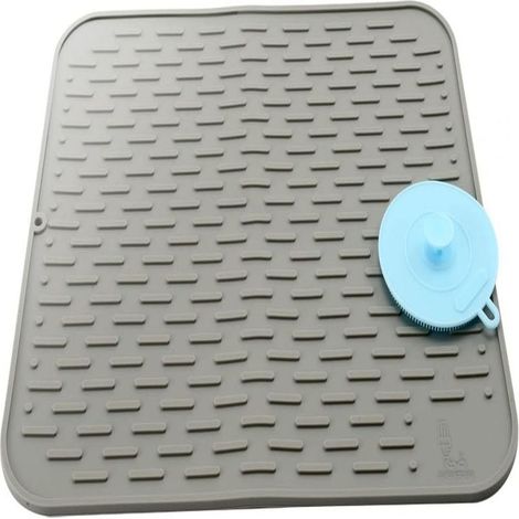 Grand Tapis de Séchage Vaisselle en Silicone avec Éponge Brosse Silicone Vaisselle, Tapis Egouttoir Vaisselle, Dessous de plat, Accessoire de cuisine Résistant à la chaleur, 45×40 cm (Gris) (1/5)