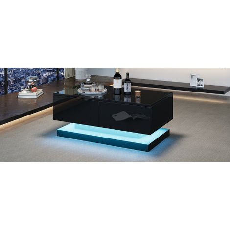 Table basse noir brillant — Table de salon avec deux tiroirs et éclairage LED d'ambiance, compatible avec le contrôle par application mobile