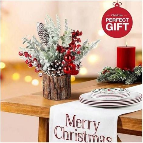Centre de table de Noël – Sapin de Noël artificiel de 28 cm, baies rouges, pommes de pin et verdure – Décoration de cheminée DIY (1/5)