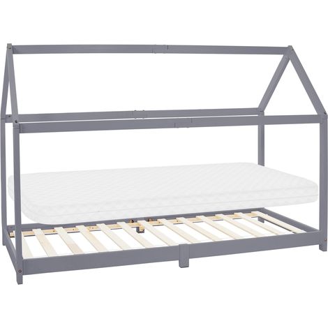ML-Design Kinderbett 90x200 cm Hellgrau mit Matratze H:10 cm, Dach, Lattenrost, Kinderhaus aus Kiefernholz, Bodenbett Jugendbett, Mädchen & Jungen Hausbett, Holzbett Kinder Bett Bettenhaus Spielbett