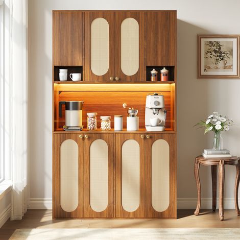Credenza alta 106 x 40 x 178 cm, 8 ante, nicchia centrale con illuminazione a LED regolabile, MDF naturale con effetto rattan PE (1/5)