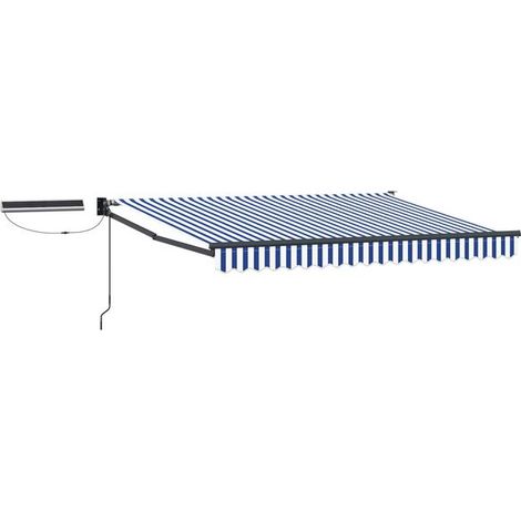 Store banne motorisé rétractable, bleu, blanc et gris anthracite, 2,5 x 2 mètres. (1/5)