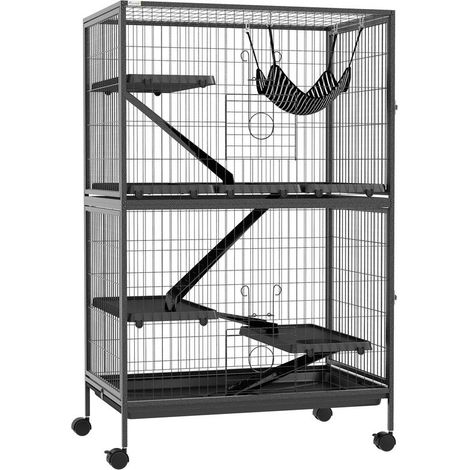 Cage grise avec roues, rampes, hamac et plateau pour chinchillas et furets, 80x52x128 cm, habitat mobile spacieux design