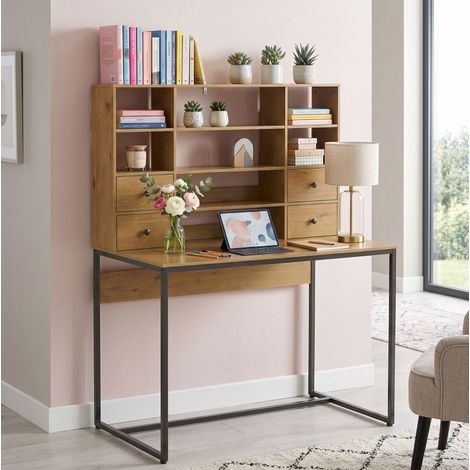 Scrivania da ufficio 105 cm con 4 cassetti, ripiani e piano effetto legno naturale DESVIAE (1/5)