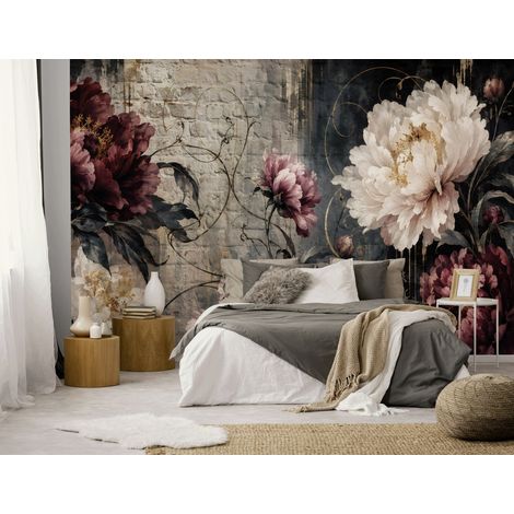 Papier peint panoramique fleurs et pivoines vintage bordeaux pour salon et chambre 254x184 cm (1/5)