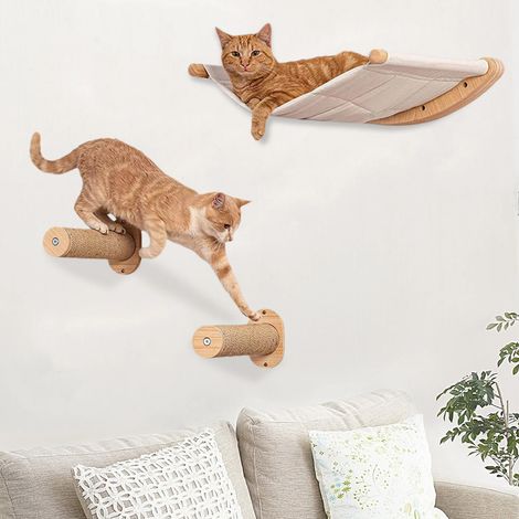 Meuble Mural pour Chat, Mur d'escalade en Sisal, Hamac Mural pour Chat avec Zone De Couchage(3 Pièces),Ultra Stable, Bois Naturel, pour la Plupart des Chatons, Chats Moyens et Grands. (1/4)