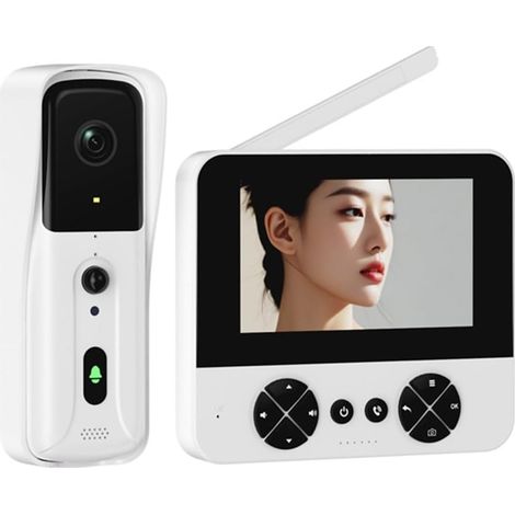 Interphone vidéo sans fil avec écran tactile - Sonnette sans fil - Affichage de la caméra  (blanc) - Télécommande bidirectionnelle pour la sécurité à domicile