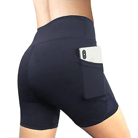 Sportliche Damen-Shorts mit hohem Bund, elastischem Bund und Handytasche, einfarbig, ideal für Yoga und Laufen – Größe L – Dunkelblau (1/5)