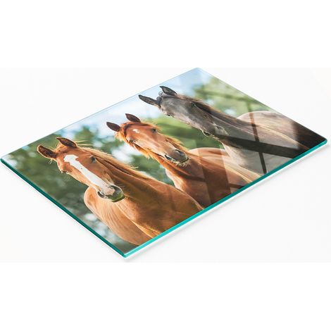 Planche décorative multifonctionnelle de cuisine en bois dur, motif trois chevaux, 80 x 52 cm (1/5)