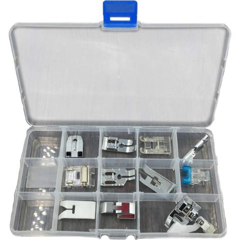Kit de fabrication de biais en tissu avec alène, machine à coudre domestique accessoires ensemble avec boîte de rangement, aiguilles à perles, pince de reliure réglable, presse à pied (1/5)