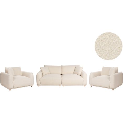 Sofa Set Off-White Boucle Upholstery 5 Seater with Scatter Cushions Armchairs Wooden Legs Modern Living Room Settee JUBEK (1/5)
