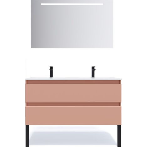 Meuble de salle de bain suspendu double vasque intégrée 120cm 2 tiroirs Abricot + miroir - Hudson (1/5)