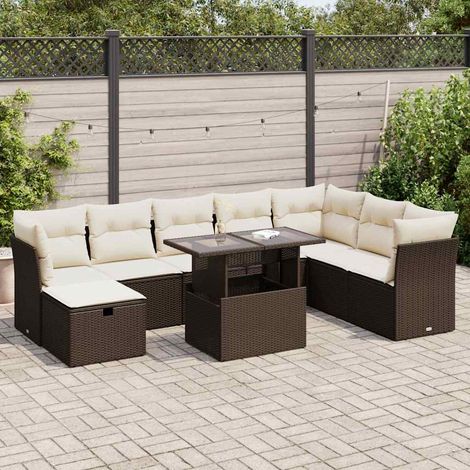 Salon de Jardin Complet 9 Places en Résine Tressée Marron avec 10 Coussins Blancs et Table en Verre Trempé 100x55 cm, Modular et Rangement Intégré (1/5)