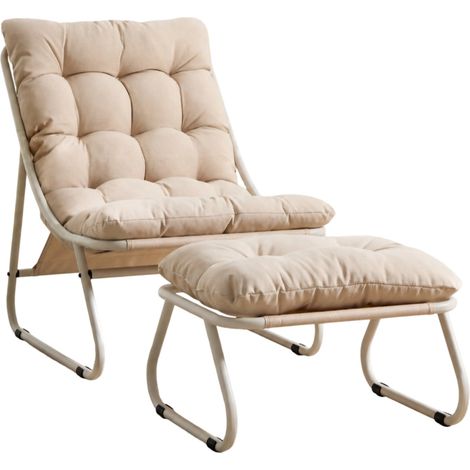 Fauteuil Lounge de Jardin avec Ottoman Beige en Acier et Coussin, Confortable Chaise Longue Parfaite pour Salon et Chambre (1/5)