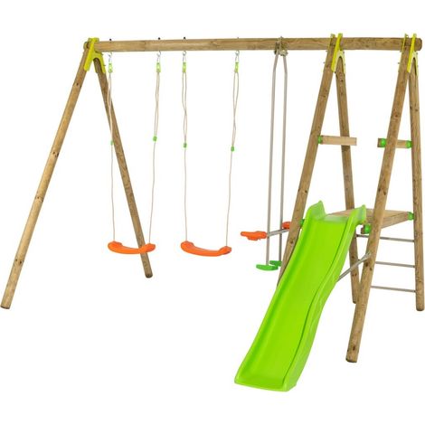 Trigano – Balançoire en bois 2,30 m – 6 enfants – Poutre en pin traité autoclave IV – Toboggan 1,73 m – Plateforme 0,90 m de hauteur