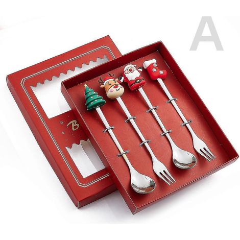 Ensemble de couverts de Noël doré (6/4 pièces) : cuillère, fourchette, motif élan, sapin, cuillère à dessert, fourchette à fruits, cuillère à café. - 4 pièces - Argent - A3 (1/5)