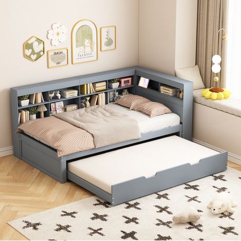 Lit 90x200 avec rangement et USB en bois gris HAVRYA (1/5)