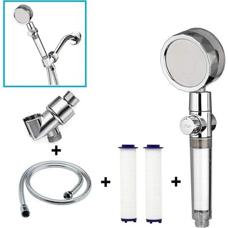 Douche à hélice haute pression, douche rotative à 360°. Douchette à main haute pression, pause marche/arrêt douche à économie d'eau (argent) (1/5)