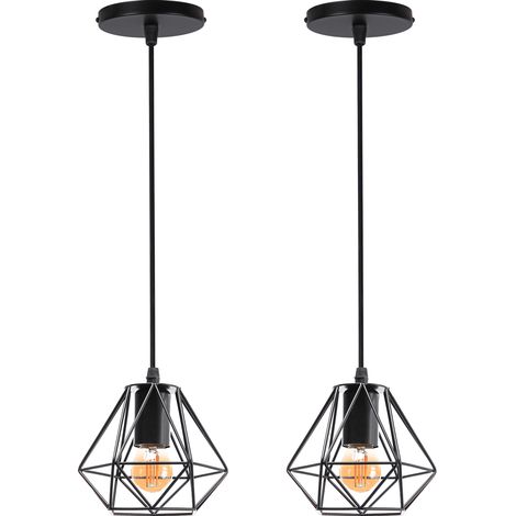 Vintage Pendant Light, Metal Shade, Black, Diameter 16 cm × Height 13 cm , Height Adjustable, E27 Bulb, 2PCS (1/5)