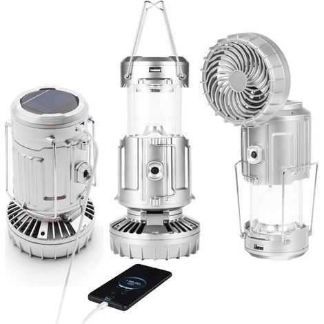 Linterna de camping con ventilador，recargable por USB，funciona con energía solar y pilas，luz de emergencia recargable (plateada) (1/5)