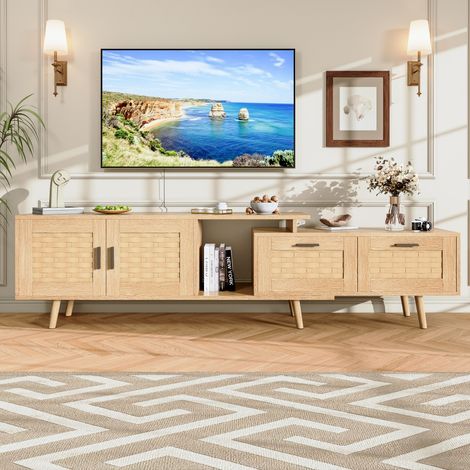 Meuble TV rotin 180 cm, meuble tele avec 2 tiroirs et 2 portes, extérieur en bois, poignées noires, longueur réglable, style champêtre, Naturel (1/5)