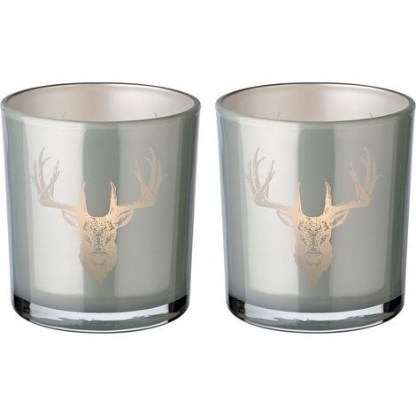 Lot de 2 Photophores en Verre Eto avec Motif Cerf Lanternes Grises pour Bougies H8 x Ø7 cm - PANGIVO (1/5)