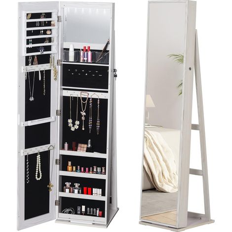 Armoire à Bijoux avec Miroir sur Pied Multi-rangements éclairage LED Blanc dim. 38L x 38l x H157 cm (1/5)