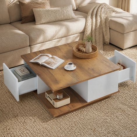 Table basse 70x70x31,5 cm blanc et bois, 3 tiroirs, effet brillant, panneaux de particules MEUBLIV (1/5)