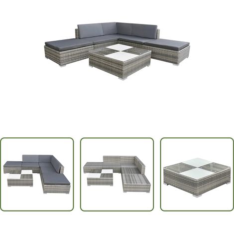Canapé en résine - Salon de jardin avec coussins 6 pcs résine tressée gris (1/5)