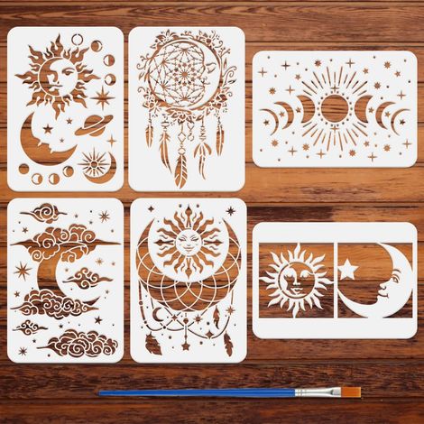 6Pcs Pochoirs Soleil Lune Étoiles Avec 1 Pinceau 21x29.7cm Attrape-Rêves Nuages Phases Lune Réutilisable Thème Fantastique pour Plancher Décor Intérieure (1/5)