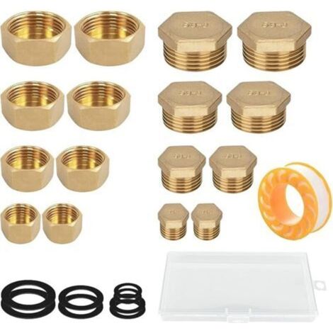 16 Pieces Brass Threaded Caps with Inner and Outdoor Threads, 05/10 08/13 15/21 20/27 Male Water Inlet Plug Tap, Hexagonal Brass Ouchon mit Storage Box (1/5)