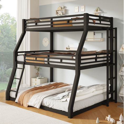 Lit superposé triple en métal noir, 3 couchages avec barrières de sécurité et échelles incluses, échelle réversible gauche ou droite, structure robuste, gain de place – CHICFURN (1/5)