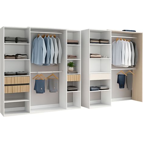 Großer Kleiderschrank Falcade, Modulschrank Schlafzimmer, 4 Schubladen, 12 Regale, 354x187 cm, Weiß Eiche