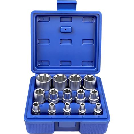 Jeu de 14 Douilles Torx Exteriores 1/4" 3/8" 1/2", Coffret Femelle E4, E5, E6, E7, E8, E10, E11, E12, E14, E16, E18, E20, E22, E24 (Bleu) Bleu - (1/5)
