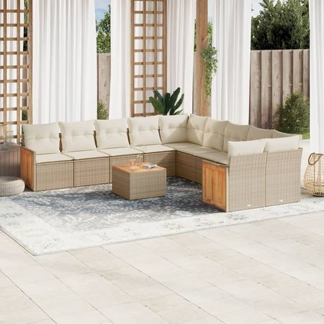 Ensemble Modulaire Salon Jardin 10 Places Tressé Résine Beige avec Coussins Gris Amovibles (1/5)