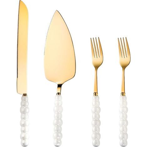 Cake Server - 4-Piece Gold-Plated Stainless Steel Set - Wedding Birthday Anniversary Dessert Serving Kit - Includes Knife Spatula And 2 Forks - 1 Set (1/5)
