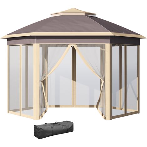Outsunny carpa plegable 4,05x3,4x2,85 m cenador de jardín hexagonal con doble techo 6 mosquiteras desmontables bolsa altura ajustable y anti-UV (1/5)