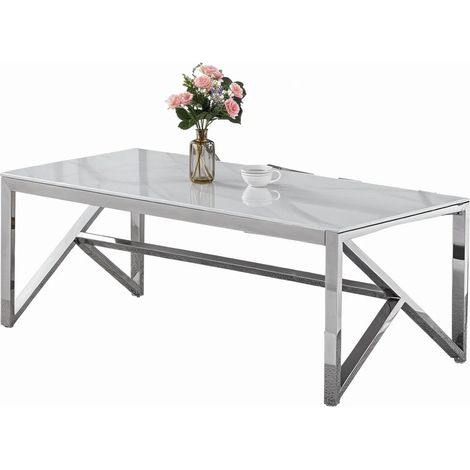 Table Basse MAJESTIQUE Rectangle Plateau Verre Trempé Marbré Blanc Pieds Chrome 120x60x45cm (1/5)
