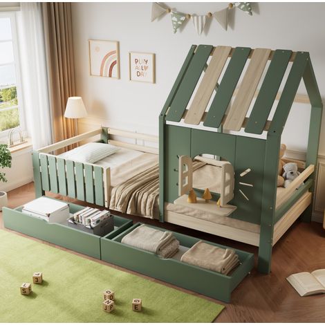 Letto bambini 90x200 cm a casetta con tetto, finestre, parapetto in legno e 2 cassetti, pino e MDF, verde e naturale (1/5)