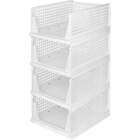 Rangement Vêtement Empilable avec Tiroir Coulissant, Organisateur Armoire Pour Vêtements Couettes Jouets, Blanc, lot de 4, L (1/5)