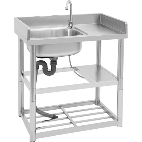 Évier de cuisine, évier simple en acier inoxydable sur pied, lavabo sur pied, évier commercial 80 x 50 x 80 cm, adapté au camping en extérieur, lavabo avec robinet (cuve gauche) (1/5)