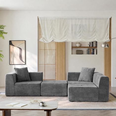 WOLTU Divano Angolare Compresso a 3 Posti in Ciniglia, Divano Modulare, 2 Cuscini e 1 Pouf, Grigio Scuro (1/5)