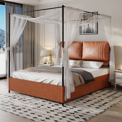 Cama con dosel moderna 140x200 cm, estructura metálica y PU marrón, postes desmontables, 12 láminas metálicas (1/5)