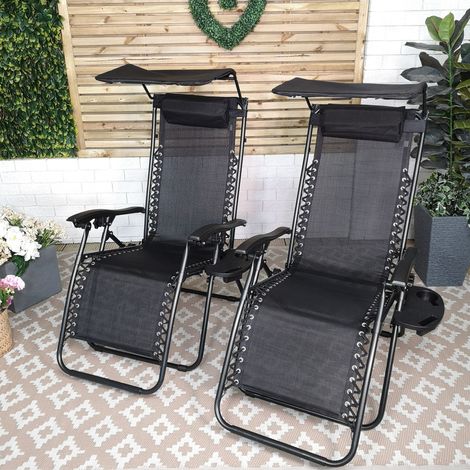 Set of 2 Multi Position Garden Gravity Relaxer Chair Sun Lounger with Sun Canopy in Black (1/4)