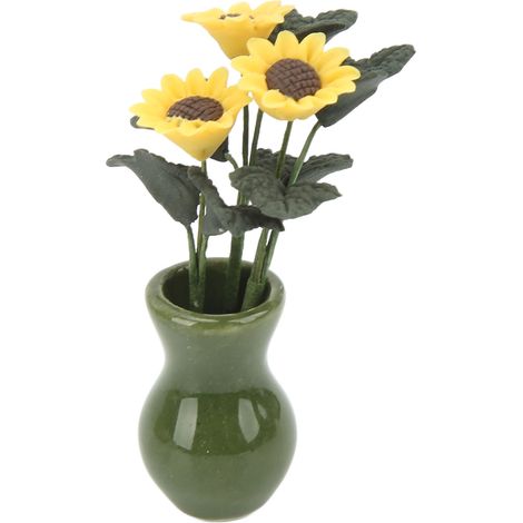 Vase tournesol à l'échelle 1:12 – Tournesol miniature réaliste dans un vase pour maisons de poupées, idéal pour la décoration et l'ameublement. (1/5)